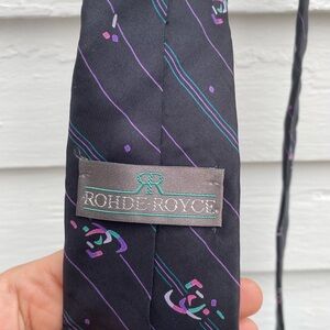 Vintage Rohde Royce Arsty Black Tie with Purple Stripes & Abstract Design